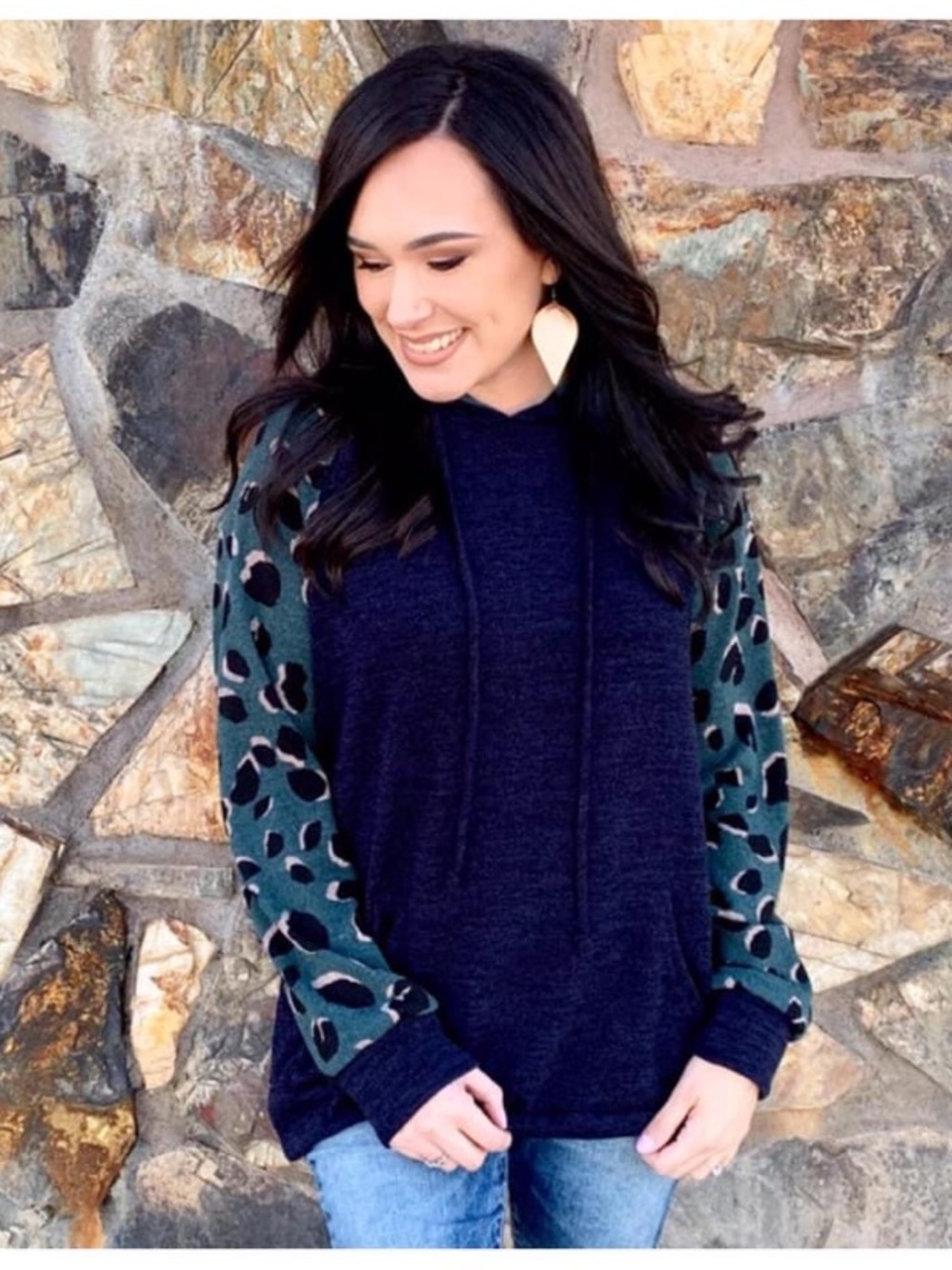 Perfect Peach Navy Animal Print Hoodie Pullover Top M